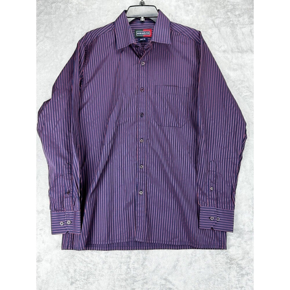 Peter England Nuvo Fit Mens EU42 Dress Shirt Navy Pink Stripe Long Sleeve